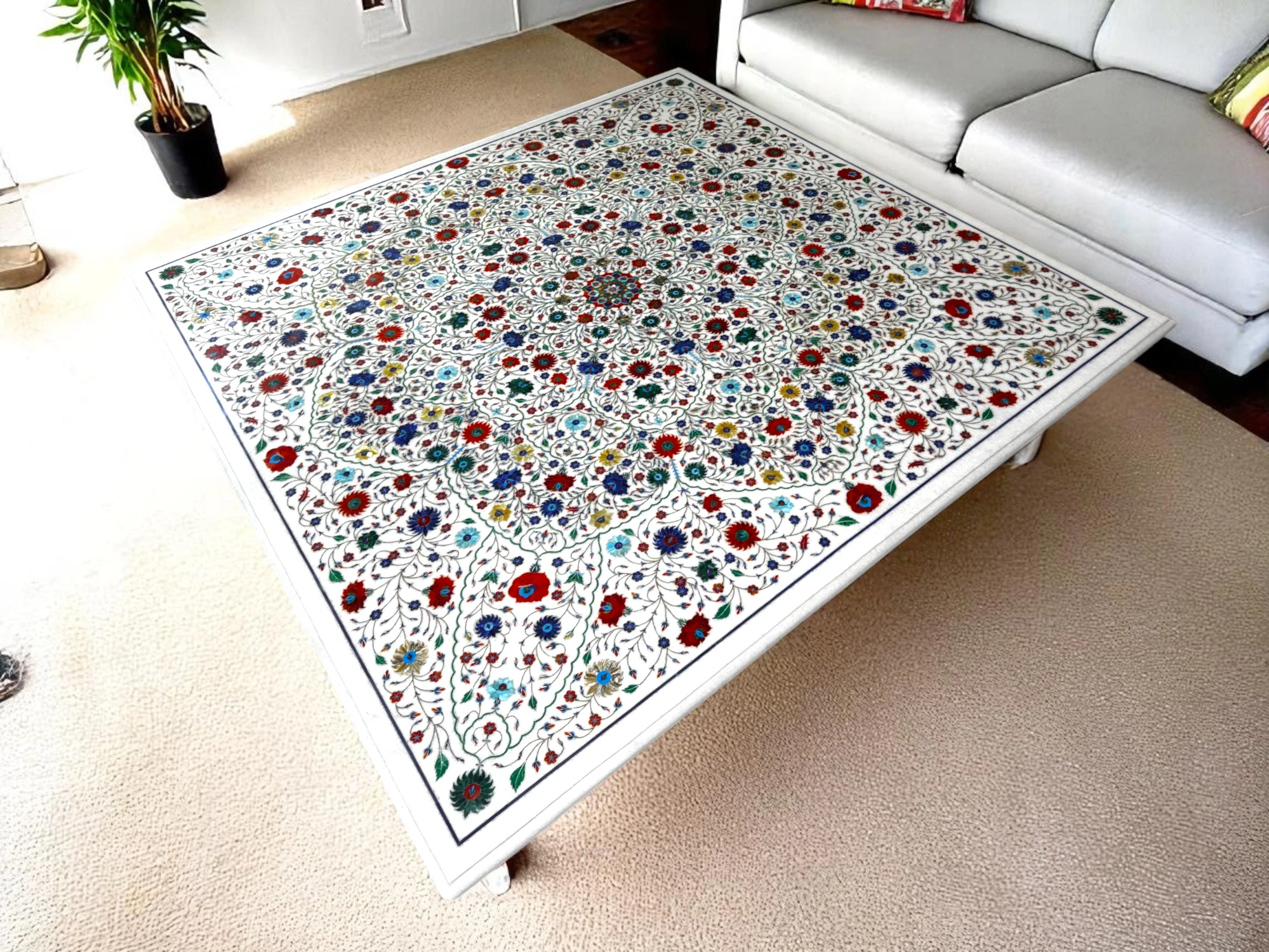 Artisan-crafted Marble Dining Table Natural Beauty of Semi Precious Gemstones